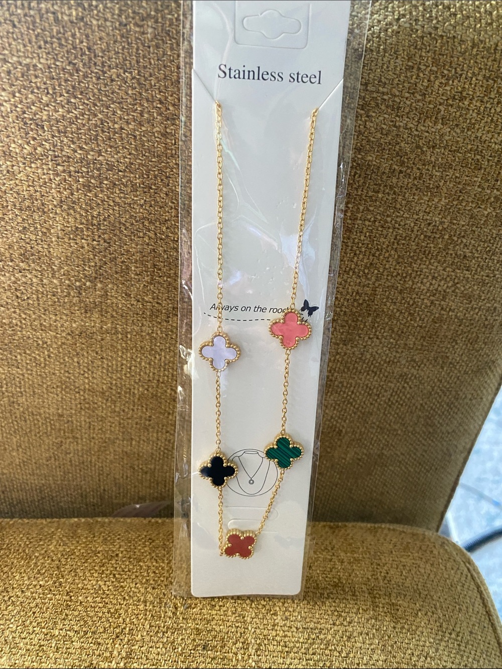 Stainless Steel Multicolor Clover Pendant Necklace - Gold Chain